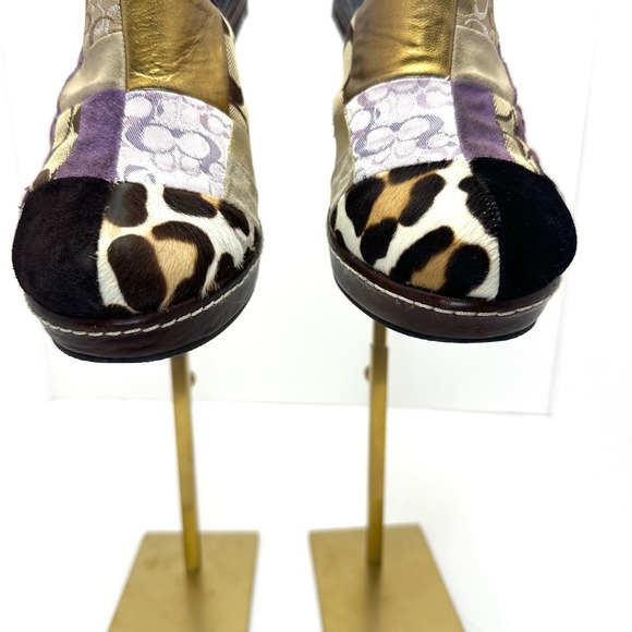 Y2KCoach Patchwork Platform Mules Leopard Calf Hair Metallic Leather Heels Multi - Picture 3 of 16